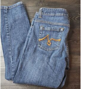 Cache Womans Jeans Size 4‎ Blue with Gold Pocket Accents Straight leg